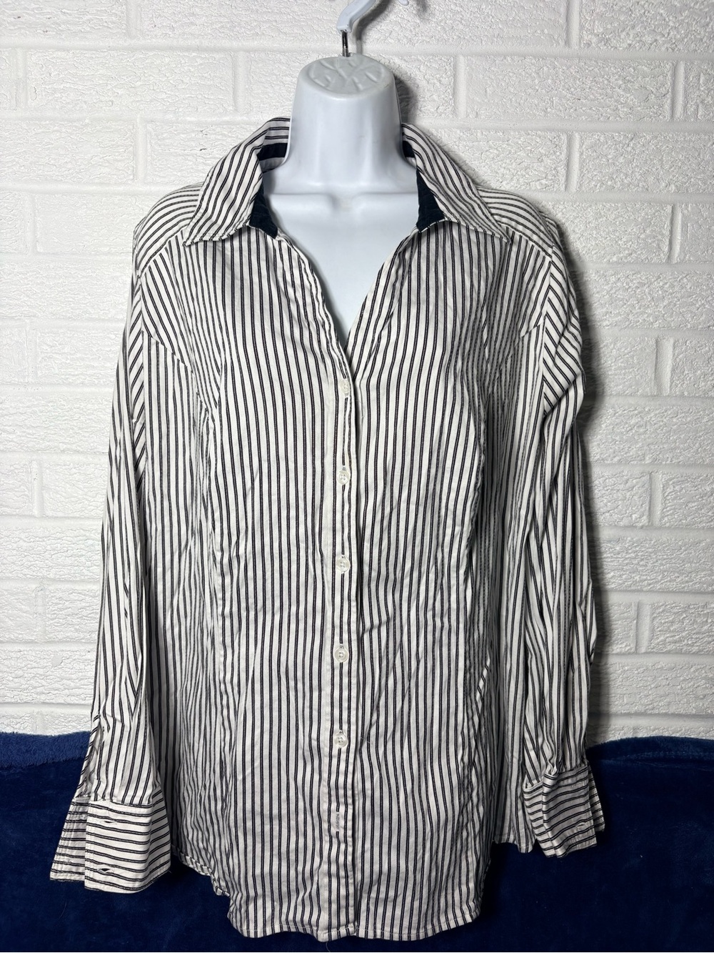 Lane Bryant Black and White Vertical Stripe Button-Down Shirt
